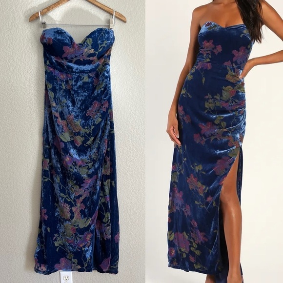 Exquisite Blue Floral Burnout Velvet Strapless Maxi Dress - Picture 3 of 10